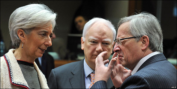 French Finance Minister Christine Lagarde (left) and Luxembourg PM Jean-Claude Juncker (right) at EU Ecofin meeting, 16 Feb 10