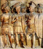 Roman soldiers in armour, shields and helmets