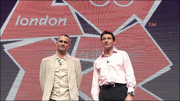 Jose Mourinho and Lord Coe pose in front of the London 2012 logo