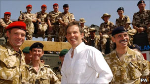 Tony Blair with troops in Iraq
