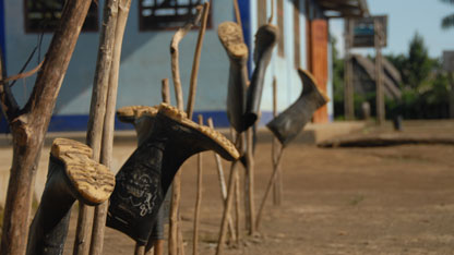The team's boots dry in the sunshine after the fishing expedition