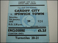 Cardiff v Ipswich match ticket, 1978