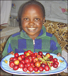Girl with tray of plums