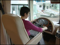 Lea at the wheel of motor home