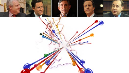 Ballot box and images of political party leaders