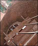 Looking up the blast furnace to the charging hole.