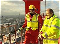 Johnny atop crane