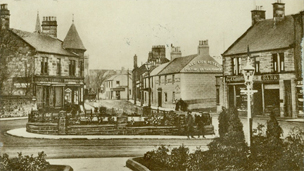 Black and white view of Prestwick Cross.