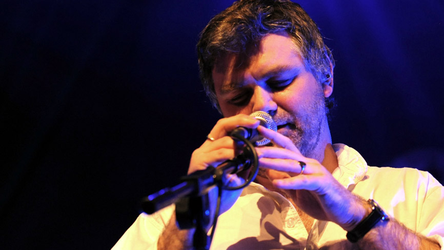 Chris Wood of The Imagined Village live at The Old Fruitmarket. Photo by Louis Decarlo
