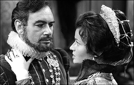 Conrad Phillips as The Duke of Norfolk and Stephanie Beacham as Mary in BBC drama The Queen's Traitor, 1967