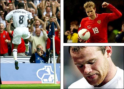 Shaun Wright-Phillips ăn mừng bàn thắng trong trận gặp Israel nhưng bàn thắng của Roman Pavlyuchenko làm Wayne Rooney vỡ mộng. McClaren vẫn khẳng định ông là người phù hợp để dẫn dắt tuyển Anh.