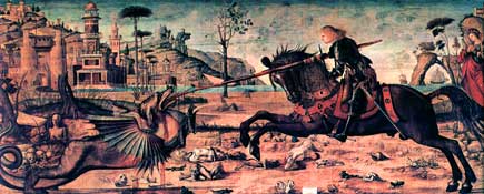 Mounted on his horse, the armoured Saint George charges down the dragon, piercing its open mouth with his lance while the princess looks on