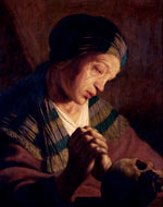 Mary, depicted as an old woman with her hair wrapped in a scarf, is looking down at a skull with her hands clasped, seeming deep in prayer