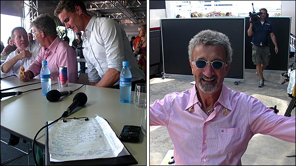 David Coulthard, Eddie Jordan and Martin Brundle prepare - EJ raises a laugh!