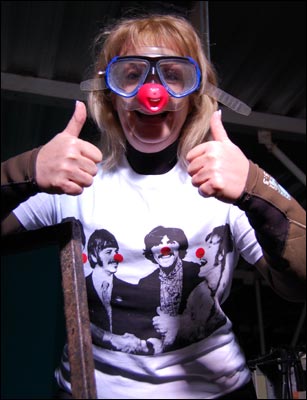 Sue Sweeney in goggles and Comic Relief red nose