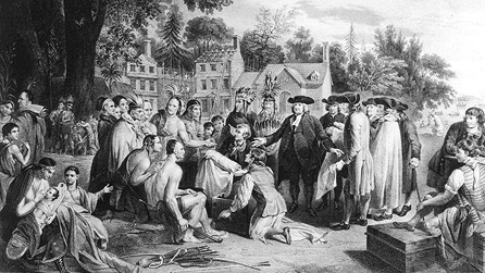 Engrafiad o William Penn yn arwyddo cytundeb Pennsylvania gyda'r boblogaeth frodorol © Llyfrgell Cymdeithas Grefyddol y Cyfeillion