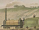 Colour illustration of a steam train on the Liverpool - Manchester railway, 1831