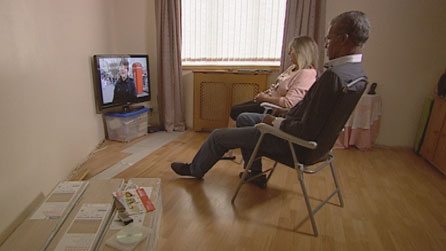Rosanna and Gordon are having to use garden furniture in their front room