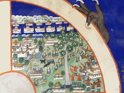 A section of the wheel diagram shows the realm of the gods. It looks like a happy and peaceful realm. At the bottom, some of the gods are holding off angry figures, the Titans, who are aiming their bows and arrows at the gods