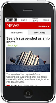 BBC Homepage on mobile, with Olympics on global toolbar