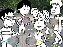 Khalid, Helen, Alice and Tim playing tennis