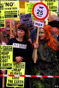 Protestors take part in a demonstration against the expansion of Stansted Airport