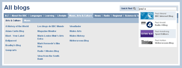 The navigational section of the blogs homepage showing quickfind results