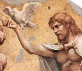 Jesus, depicted as a fair-skinned and long-haired man, holds a white dove indicative of the Holy Spirit