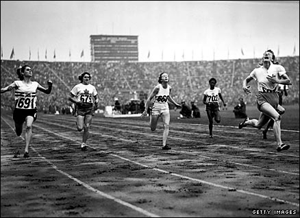 Britain's Dorothy Manley (far left) finishes second in the 100m behind Fanny Blankers-Koen (far right) at the 1948 Olympic Games