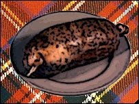 A haggis on a tartan rug