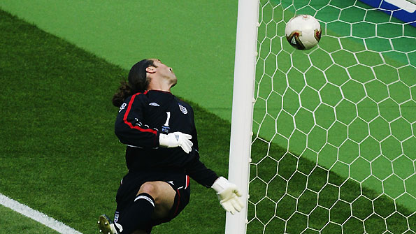 David Seaman fails to stop Ronaldinho's shot during the 2002 World Cup.