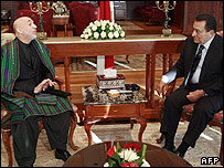 حامد کرزی رئیس جمهور افغانستان، در دیدار با حسنی مبارک رئیس جمهور مصر