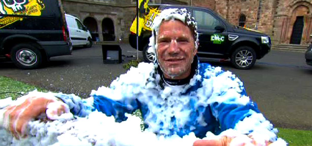 Steve Backshall covered in snow