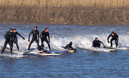 Martin Aaron surfed the recent severn bore wave, and survived… "I'm on my mates mal - blue and orange". Pic 07