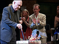 Sir Alan Ayckbourn cuts his birthday cake. Photo by Alex Soulsby.
