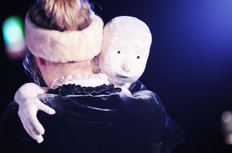 Cari Barley (Big Sister) with the Snow Child. Image courtesy of Sherman Cymru