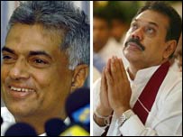 Rajapaksa (R) and Wickramasinghe were the main candidates at Noveber 2005 elections