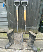 garden fork, spade & boots