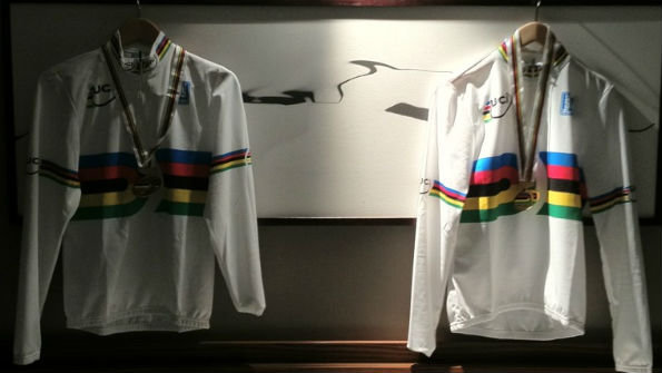 Rainbow jerseys hanging in hotel room