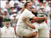 The Australian team celebrates winning the Ashes