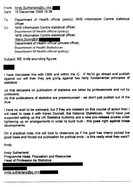 OCR reads: From: AndySutherIandiCflhs Sent: 10 December 2008 16:36 To: Department of Health official (policy) : NHS Information Centre statistical officer Cc: NI-IS Information Centre statistical officer : Department Of Health official (policy) NHS Information Centre statistical officer ; Mario. Dunndh Department of Health officifT,rivate office); Department of Health Statistician Department Of Health official (policy) Subject: RE: knife wounding figures I have discussed this with C*4S and within the IC . If NolO go ahead and publish against our will then they are going against two fairly fundamental principles of statistics: (a) that decisions on publication of statistics are taken by professionals and not by politicians ; (b) that publications of statistics are preannounced - we dont just publish out of the blue. I have no wish to be awkward, but if they are insistent on this course of action then I will need to ratse it with Karen DunneD, the National Statistician . NolO have just supported setting up the UK Statistics Authority and a new pie-release access order tightening up on arrangements in order to build trust - this goes right against these developments . On a practical note, this Will look to observers as if the govt has cherry picked the good news and forced out publication for political ends - is this really what they want? Andy Andy Sutherland Programme Head, Population and Resources Head of Profession for Statistics andy,suthertanKnhs