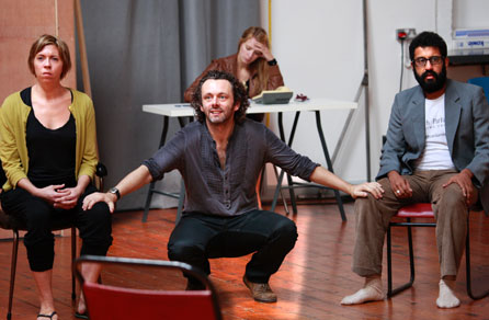 Michael Sheen (Hamlet), Eileen Walsh (Rosencrantz) and Adeel Akhtar (Guildenstern) in rehearsal at the Copperfield Rehearsal Rooms SE1. Photo: Simon Annand