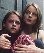 Jodie Foster and girl huddled in the Panic Room 
