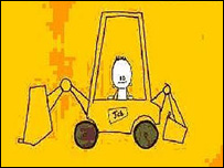 A yellow cartoon miage of a JCB digger