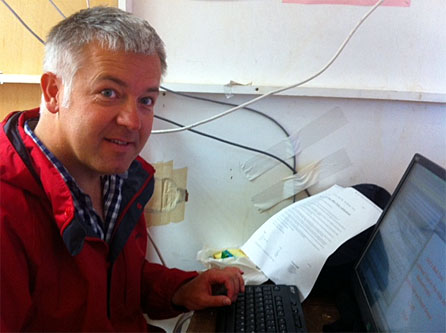 Derek Brockway blogging in the mobile BBC Wales broom cupboard - opposite the main ring