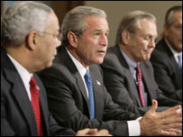Colin Powell, George W. Bush e Donald Rumsfeld