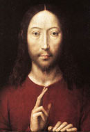 Jesus with his hand in a gesture of blessing, painted by Hans Memling