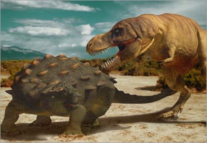 Tarbosaurus bataar attacks Ankylosaur