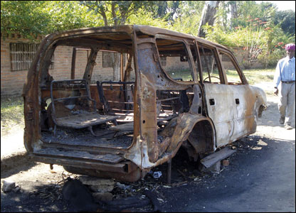 Remains of a vehicle that drove its final mile and then caught fire on the streets of Blantyre 