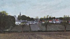 Hand-tinted view across gently rolling, ploughed fields to a village beyond. A church spire rises to the left of frame.